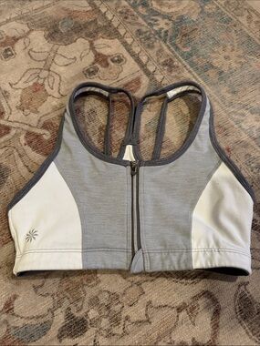 Athleta Front-Zip Gray and White Sports Bra with Strappy Back extra small